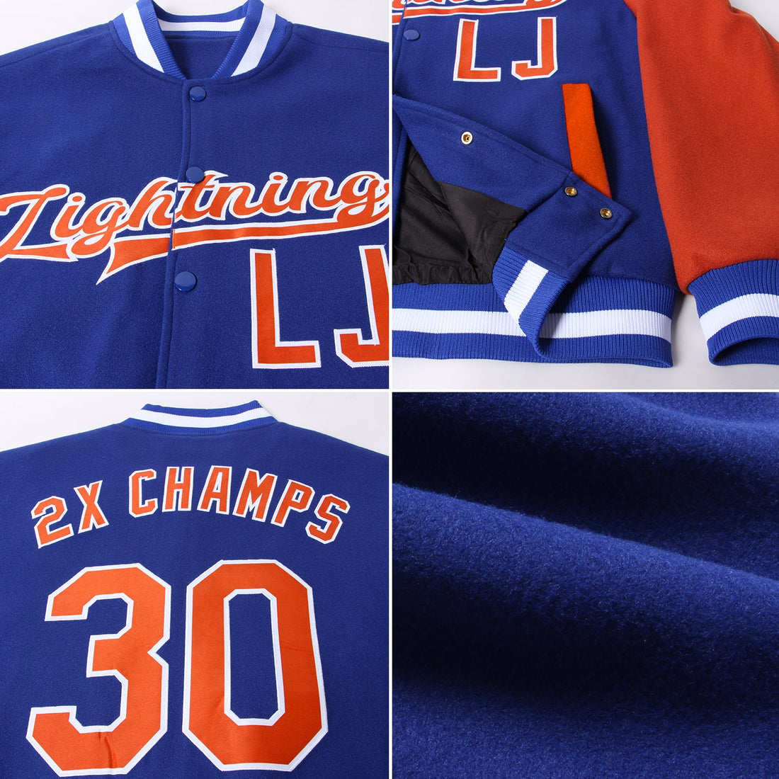 Custom Royal Texas Orange-White Bomber Full-Snap Varsity Letterman Two Tone Jacket