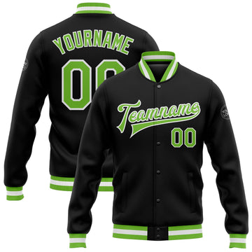 Custom Black Neon Green-White Bomber Full-Snap Varsity Letterman Jacket