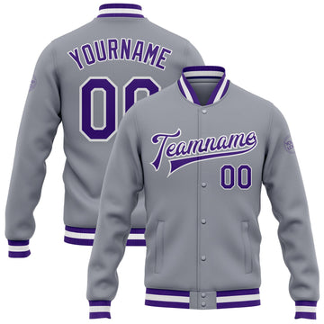 Custom Gray Purple-White Bomber Full-Snap Varsity Letterman Jacket