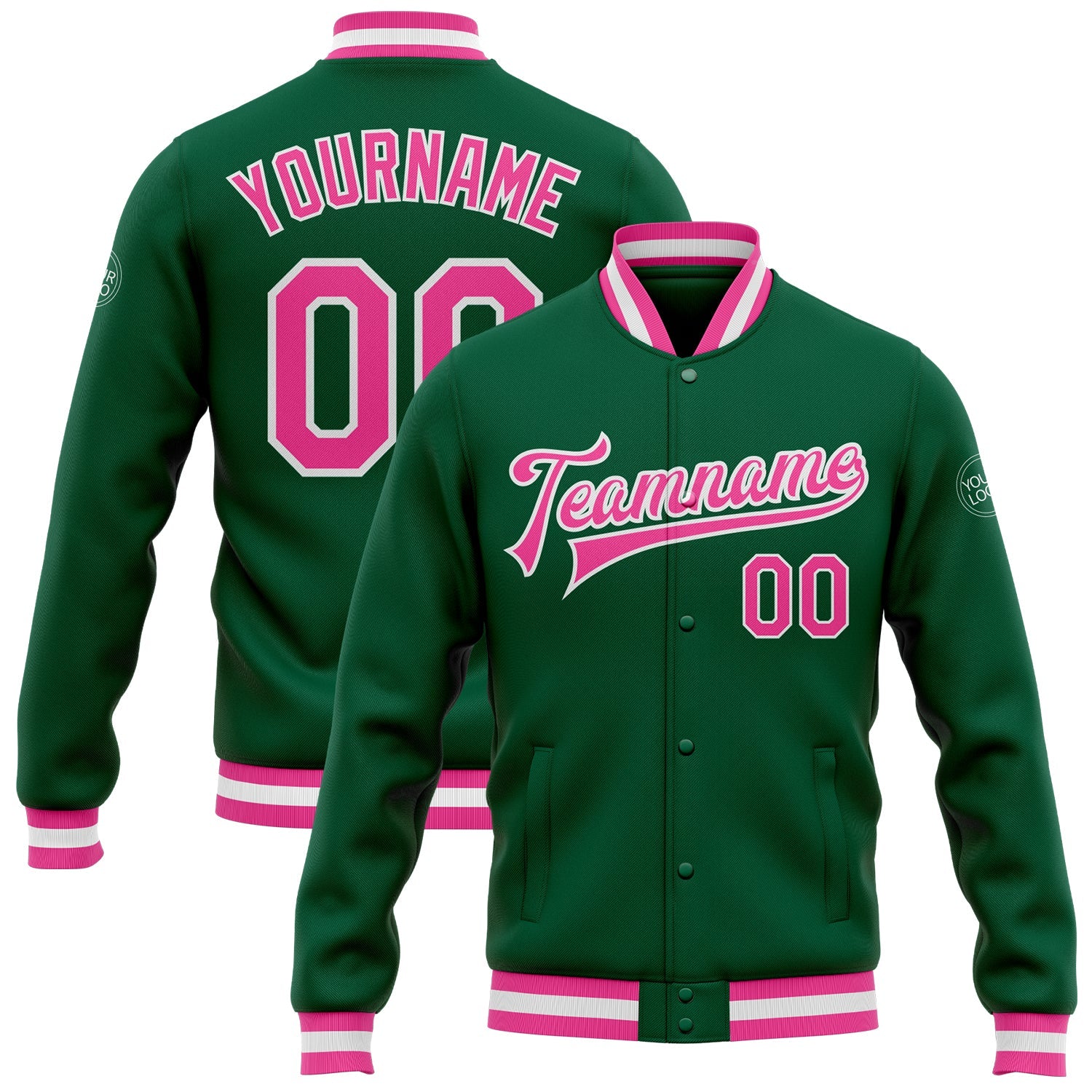 Custom Kelly Green Pink-White Bomber Full-Snap Varsity Letterman Jacket