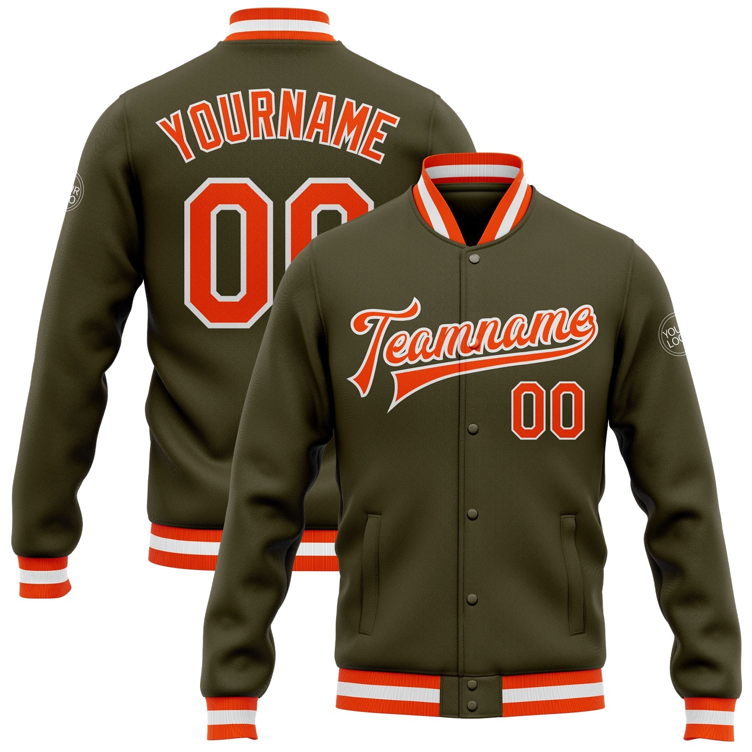 Custom Olive Orange-White Bomber Full-Snap Varsity Letterman Salute To Service Jacket