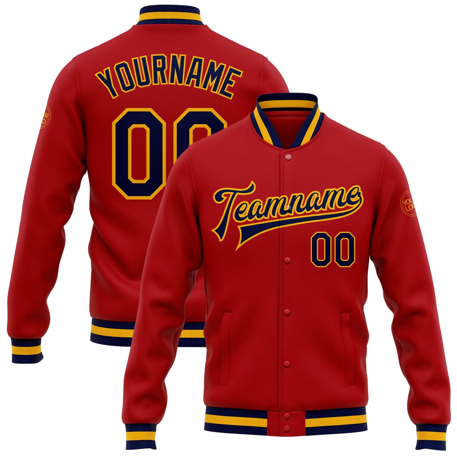 Custom Red Navy-Gold Bomber Full-Snap Varsity Letterman Jacket