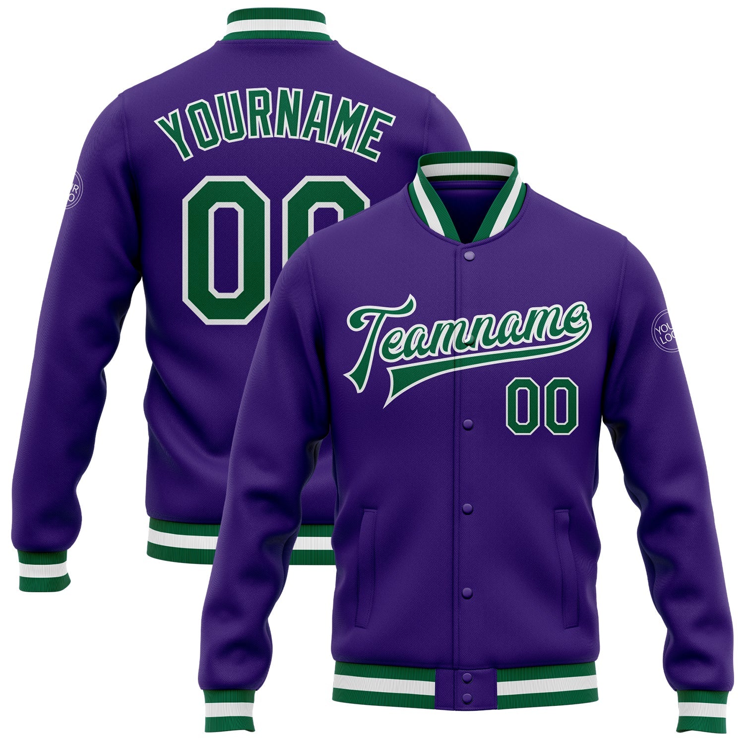 Custom Purple Kelly Green-White Bomber Full-Snap Varsity Letterman Jacket