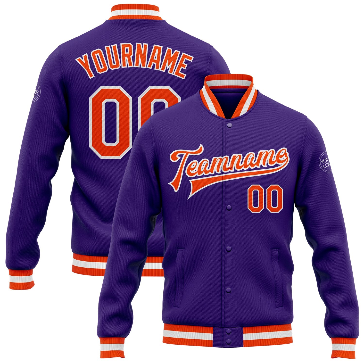 Custom Purple Orange-White Bomber Full-Snap Varsity Letterman Jacket