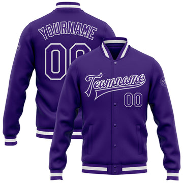 Custom Purple Purple-White Bomber Full-Snap Varsity Letterman Jacket