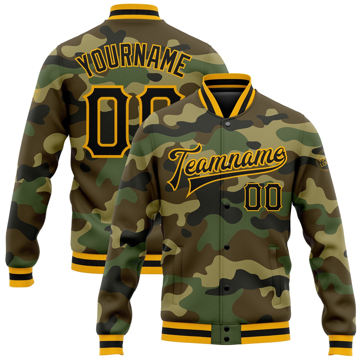 Custom Camo Black-Gold Bomber Full-Snap Varsity Letterman Salute To Service Jacket