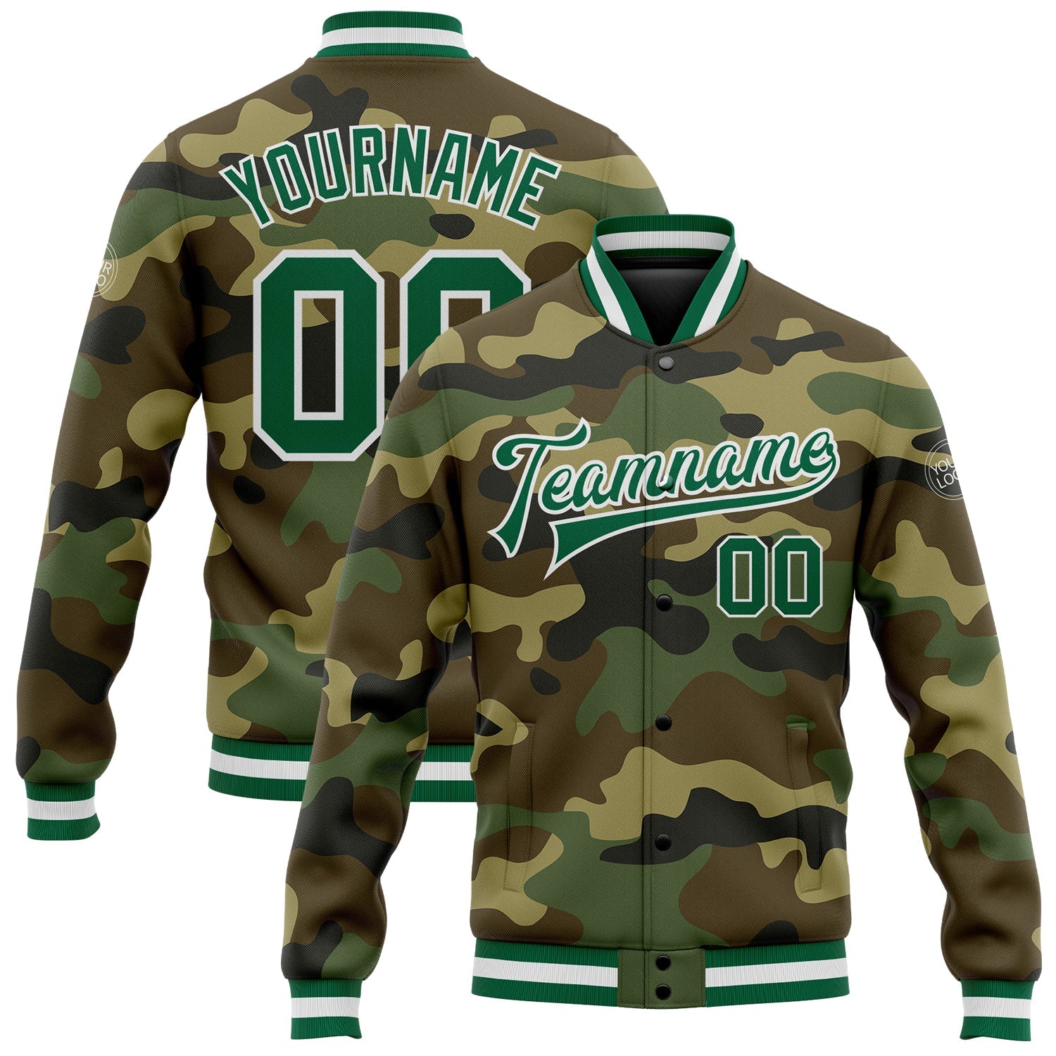 Custom Camo Kelly Green-White Bomber Full-Snap Varsity Letterman Salute To Service Jacket