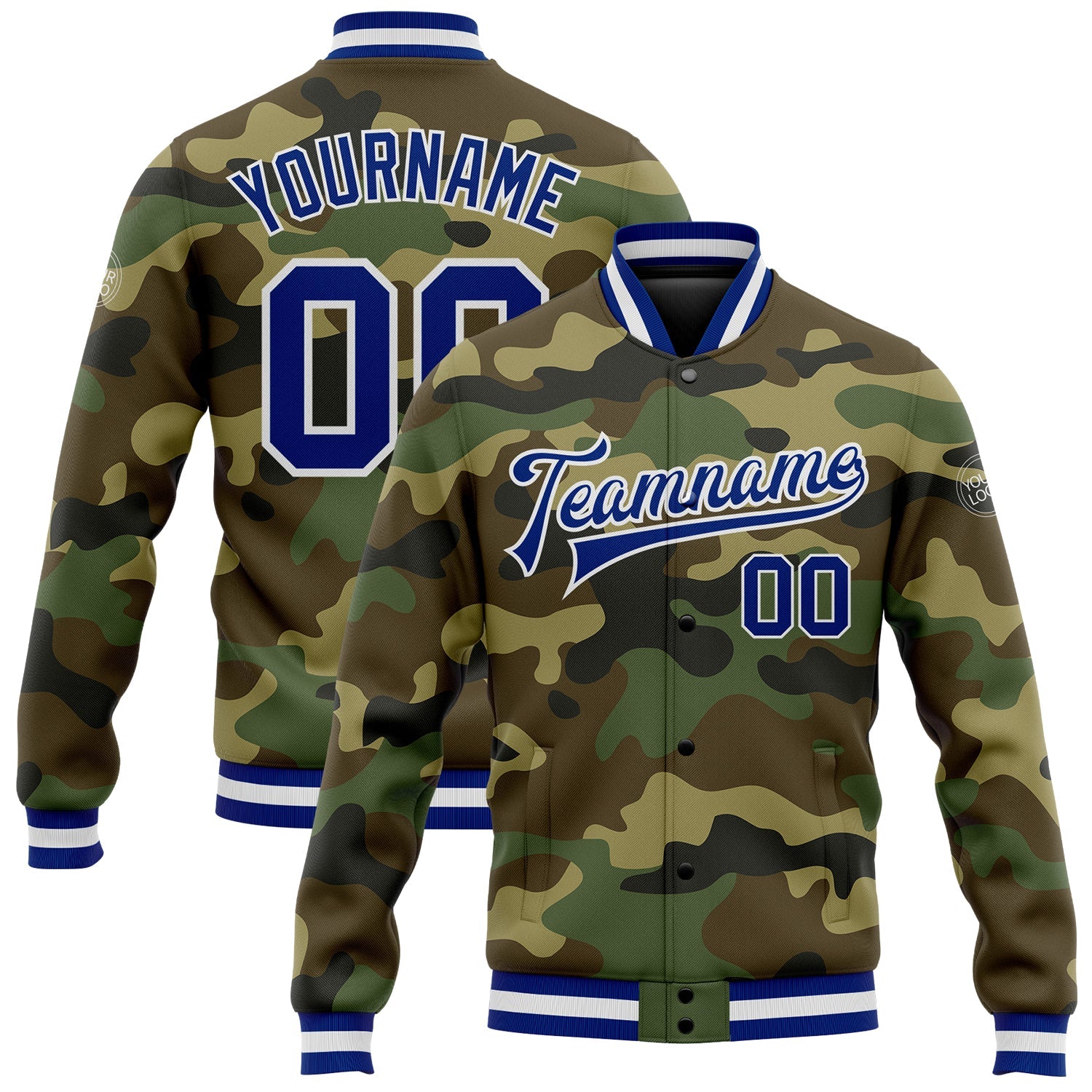 Custom Camo Royal-White Bomber Full-Snap Varsity Letterman Salute To Service Jacket