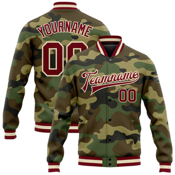 Custom Camo Maroon-Cream Bomber Full-Snap Varsity Letterman Salute To Service Jacket