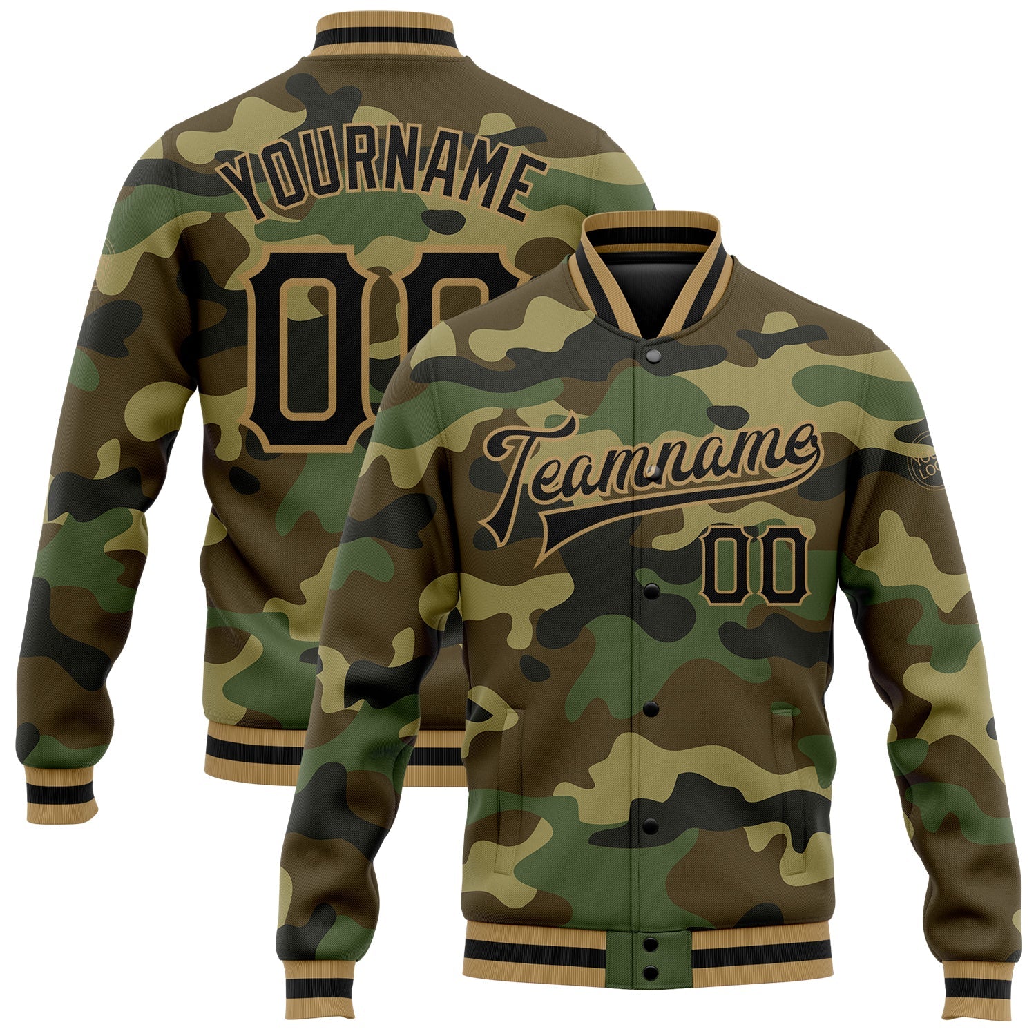 Custom Camo Black-Old Gold Bomber Full-Snap Varsity Letterman Salute To Service Jacket