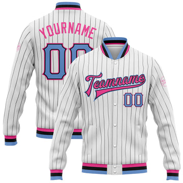 Custom White Black Pinstripe Light Blue Black-Pink Bomber Full-Snap Varsity Letterman Jacket