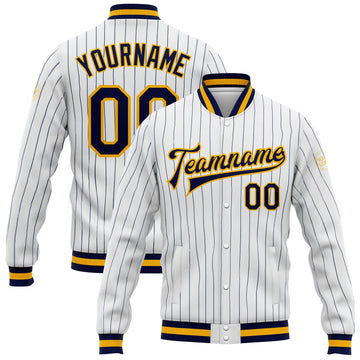 Custom White Navy Pinstripe Navy-Gold Bomber Full-Snap Varsity Letterman Jacket