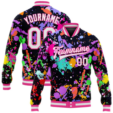 Custom Graffiti Pattern White-Pink Splashes 3D Bomber Full-Snap Varsity Letterman Jacket