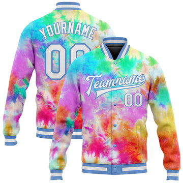 Custom Tie Dye White-Light Blue Rainbow 3D Bomber Full-Snap Varsity Letterman Jacket