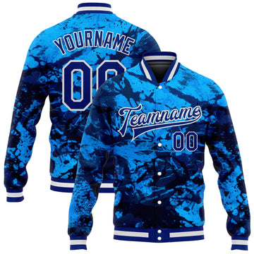 Custom Tie Dye Royal-White Rainbow 3D Bomber Full-Snap Varsity Letterman Jacket