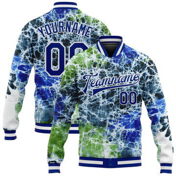 Custom Tie Dye Royal-White Rainbow 3D Bomber Full-Snap Varsity Letterman Jacket