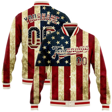 Custom Cream Vintage USA Flag-Red American Flag Fashion 3D Bomber Full-Snap Varsity Letterman Jacket