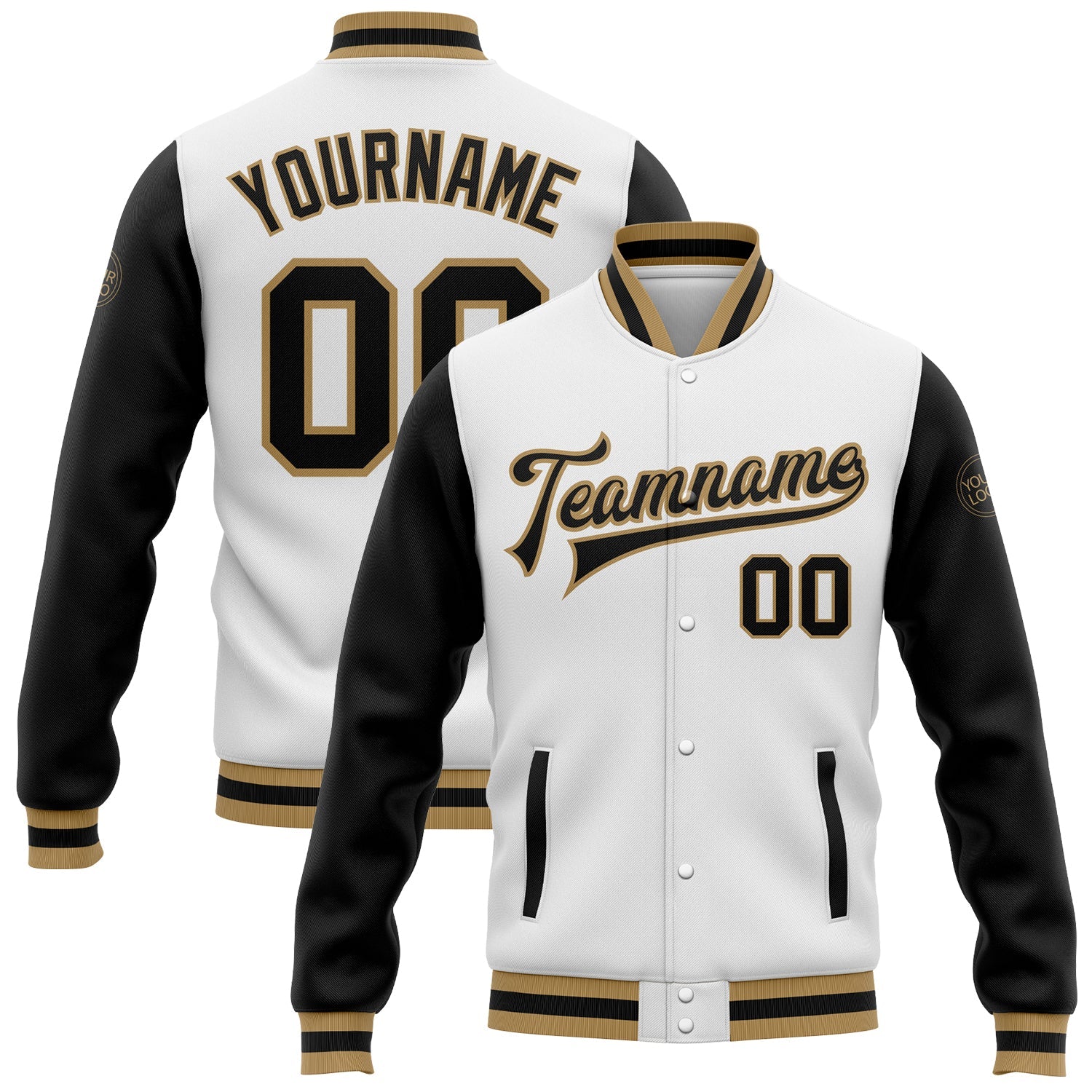 Custom White Black-Old Gold Bomber Full-Snap Varsity Letterman Two Tone Jacket