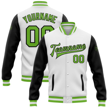 Custom White Neon Green-Black Bomber Full-Snap Varsity Letterman Two Tone Jacket