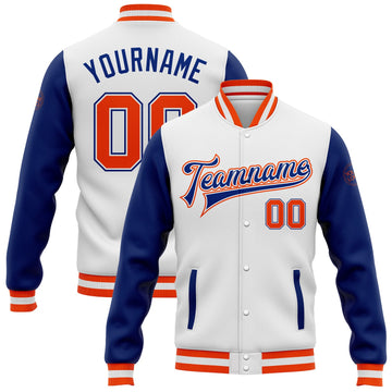 Custom White Orange-Royal Bomber Full-Snap Varsity Letterman Two Tone Jacket