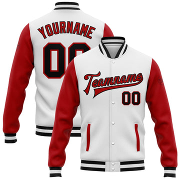 Custom White Black-Red Bomber Full-Snap Varsity Letterman Two Tone Jacket