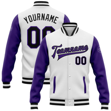 Custom White Black-Purple Bomber Full-Snap Varsity Letterman Two Tone Jacket