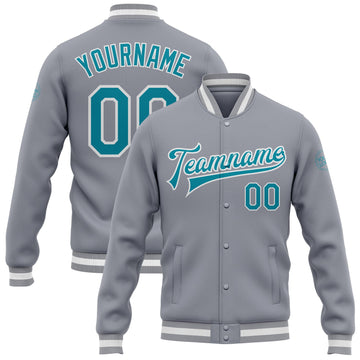 Custom Gray Teal-White Bomber Full-Snap Varsity Letterman Jacket