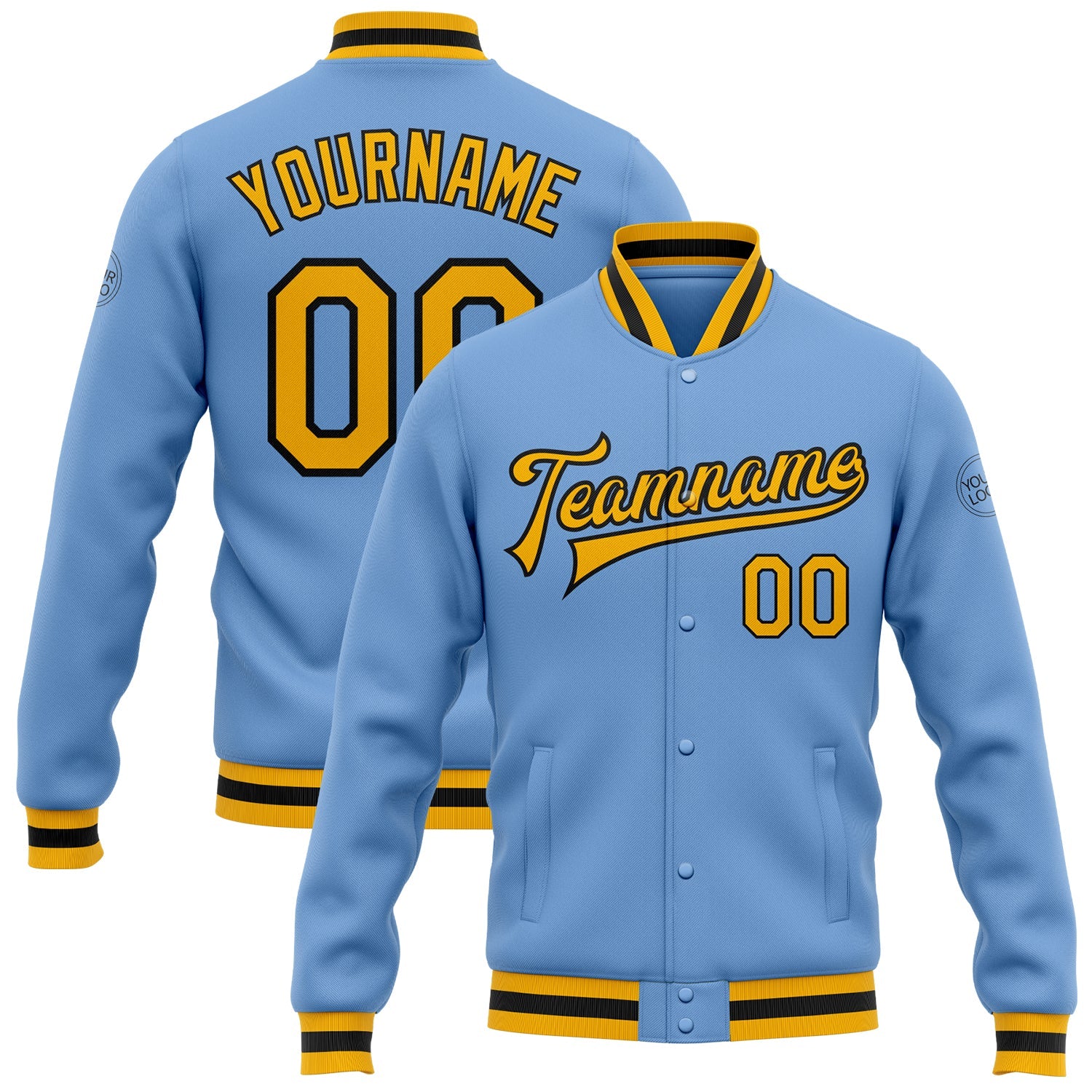 Custom Light Blue Gold-Black Bomber Full-Snap Varsity Letterman Jacket