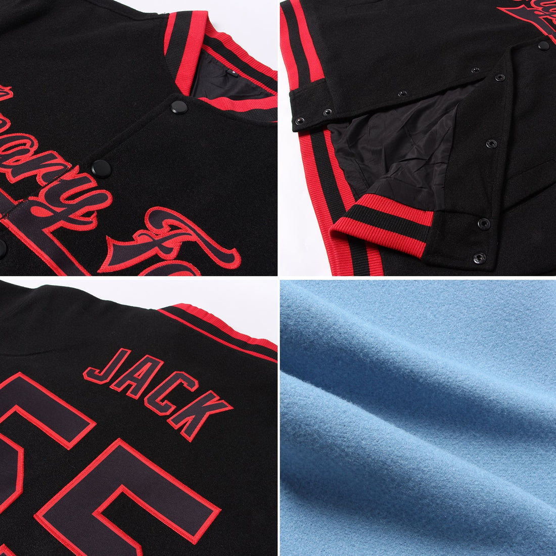 Custom Light Blue Red-Black Bomber Full-Snap Varsity Letterman Jacket