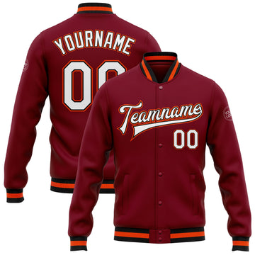 Custom Crimson White Black-Orange Bomber Full-Snap Varsity Letterman Jacket