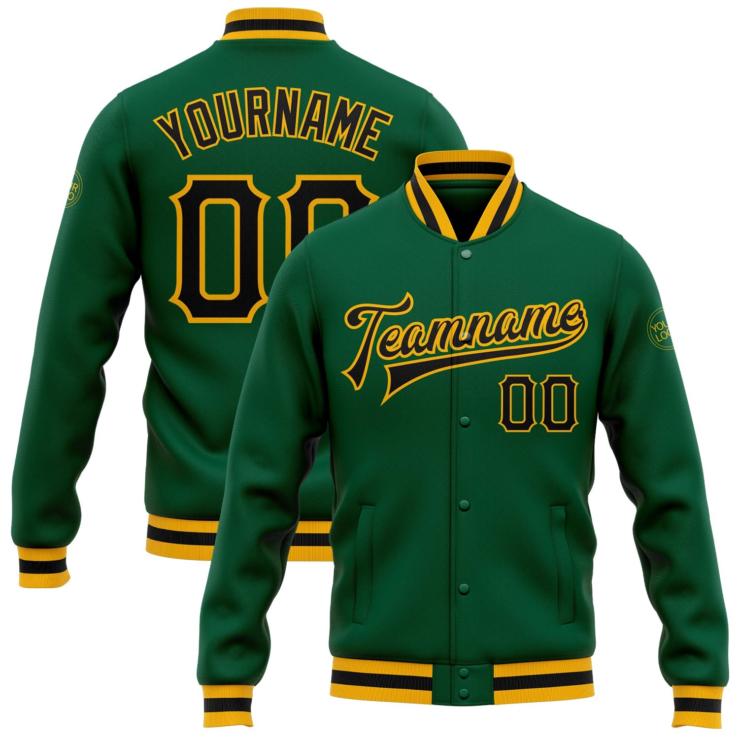 Custom Kelly Green Black-Gold Bomber Full-Snap Varsity Letterman Jacket