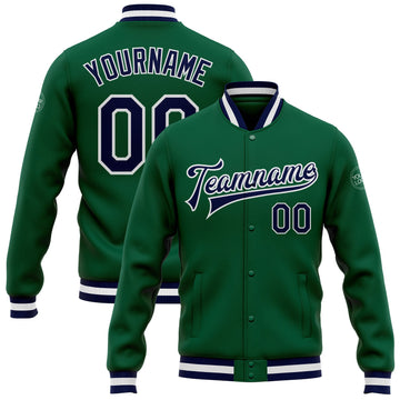 Custom Kelly Green Navy-White Bomber Full-Snap Varsity Letterman Jacket