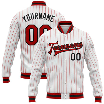 Custom White Red Pinstripe Red-Black Bomber Full-Snap Varsity Letterman Jacket