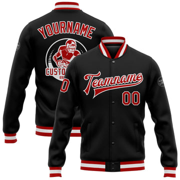 Custom Black Red-White Bomber Full-Snap Varsity Letterman Jacket