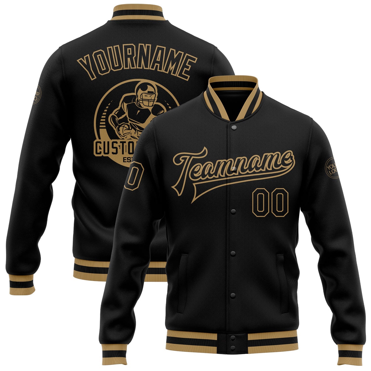 Custom Black Black-Old Gold Bomber Full-Snap Varsity Letterman Jacket