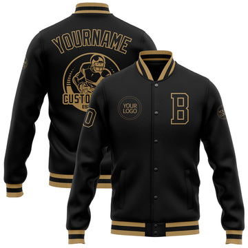 Custom Black Black-Old Gold Bomber Full-Snap Varsity Letterman Jacket