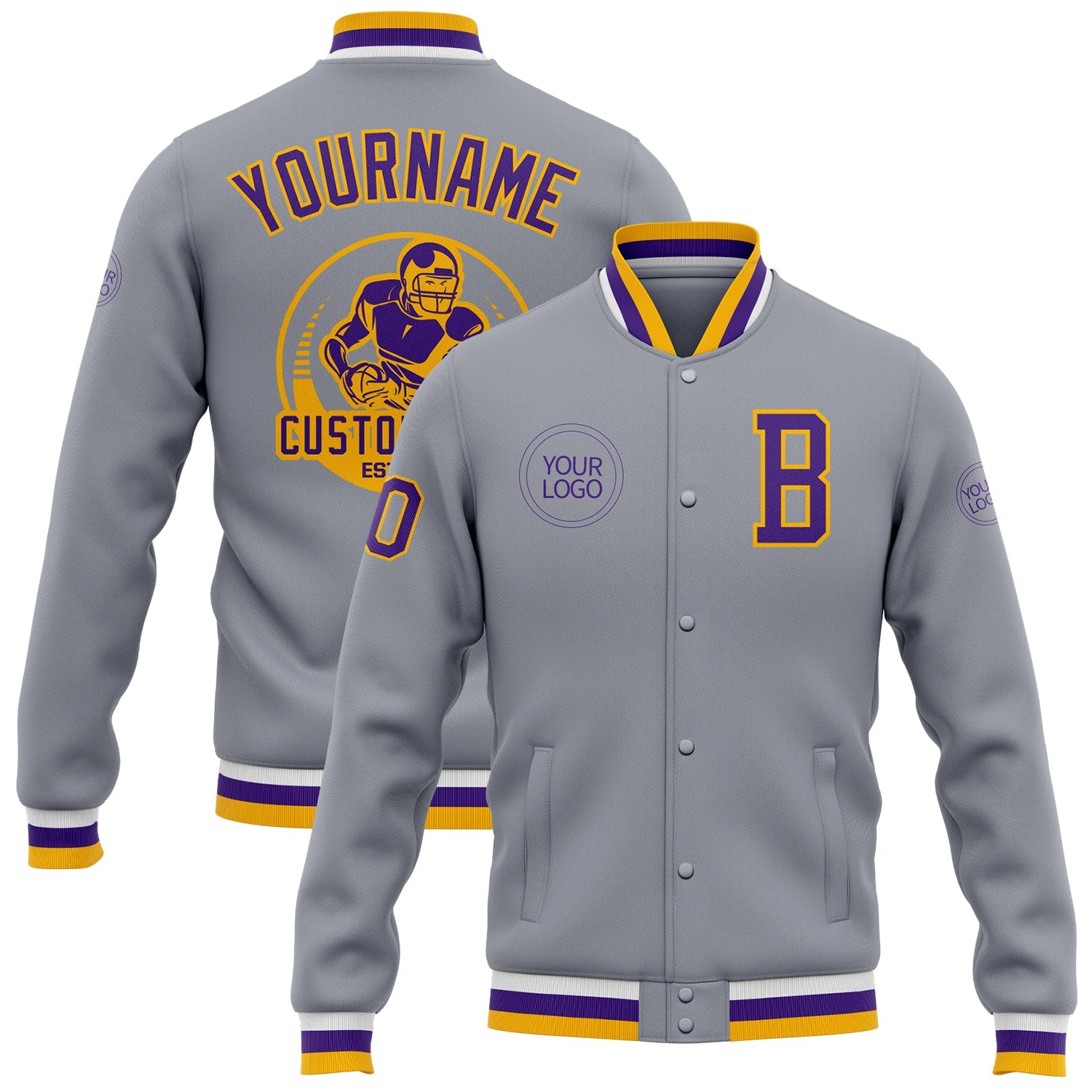 Custom Gray Purple-Gold Bomber Full-Snap Varsity Letterman Jacket