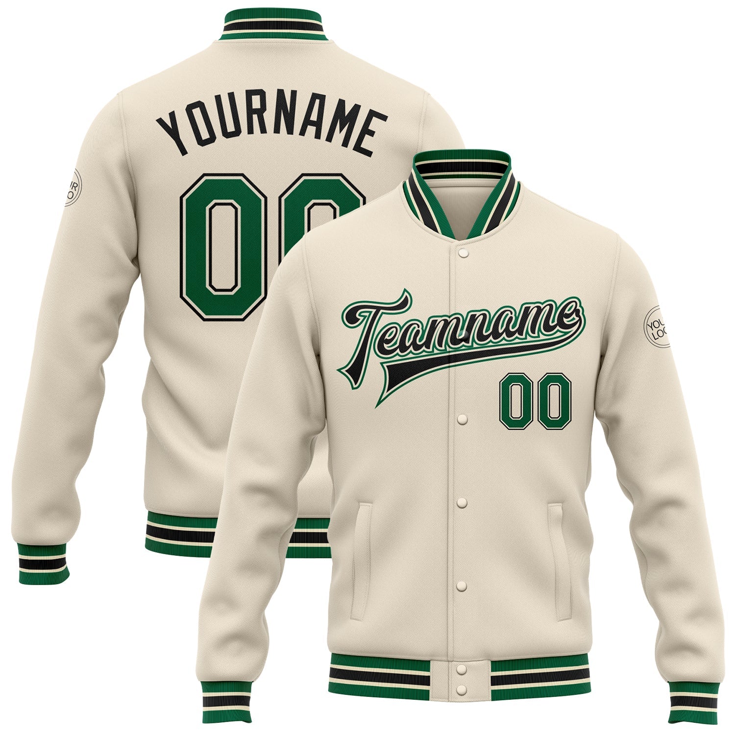 Custom Cream Kelly Green-Black Bomber Full-Snap Varsity Letterman Jacket