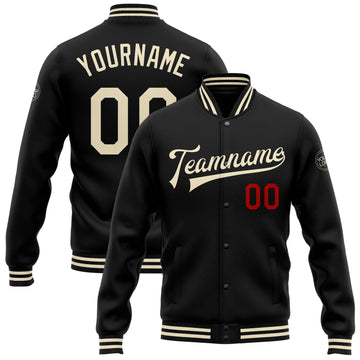 Custom Black Cream-Red Bomber Full-Snap Varsity Letterman Jacket