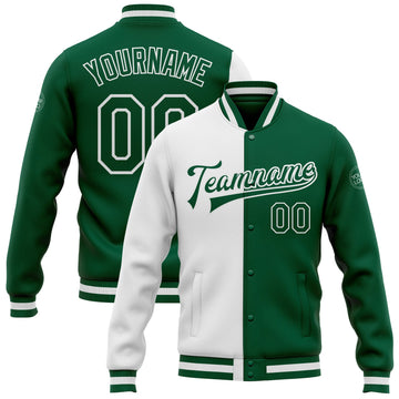 Custom White Kelly Green Bomber Full-Snap Varsity Letterman Split Fashion Jacket