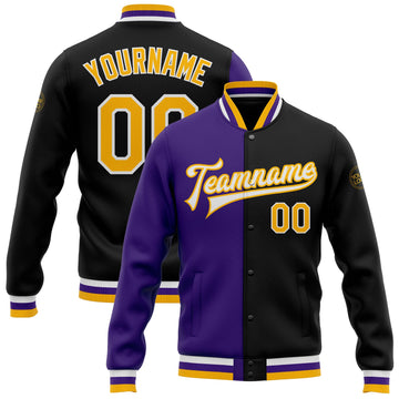 Custom Black Gold-Purple Bomber Full-Snap Varsity Letterman Split Fashion Jacket