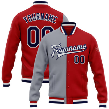 Custom Red Navy-Gray Bomber Full-Snap Varsity Letterman Split Fashion Jacket