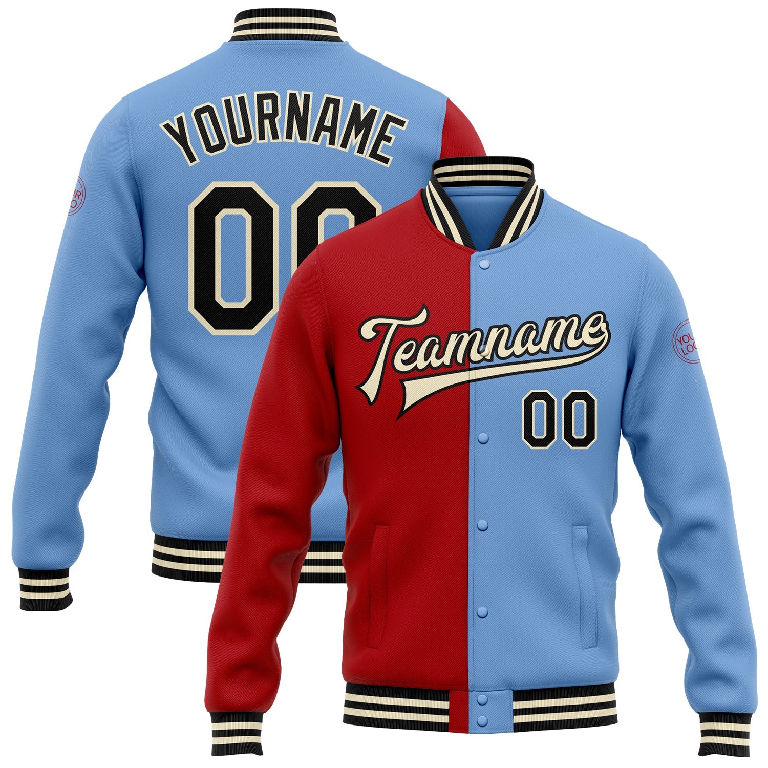 Custom Light Blue Black Red-Cream Bomber Full-Snap Varsity Letterman Split Fashion Jacket