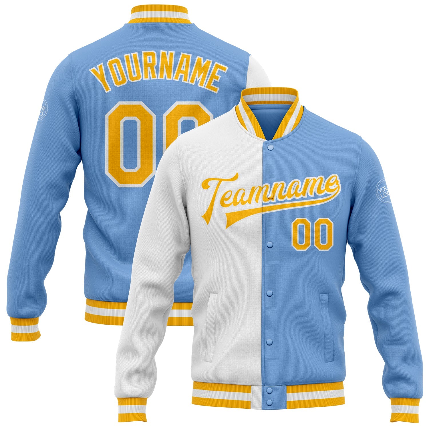 Custom Light Blue Gold-White Bomber Full-Snap Varsity Letterman Split Fashion Jacket