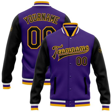 Custom Purple Black-Gold Bomber Full-Snap Varsity Letterman Two Tone Jacket