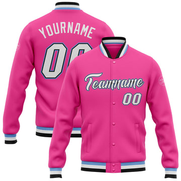 Custom Pink White Black-Light Blue Bomber Full-Snap Varsity Letterman Jacket