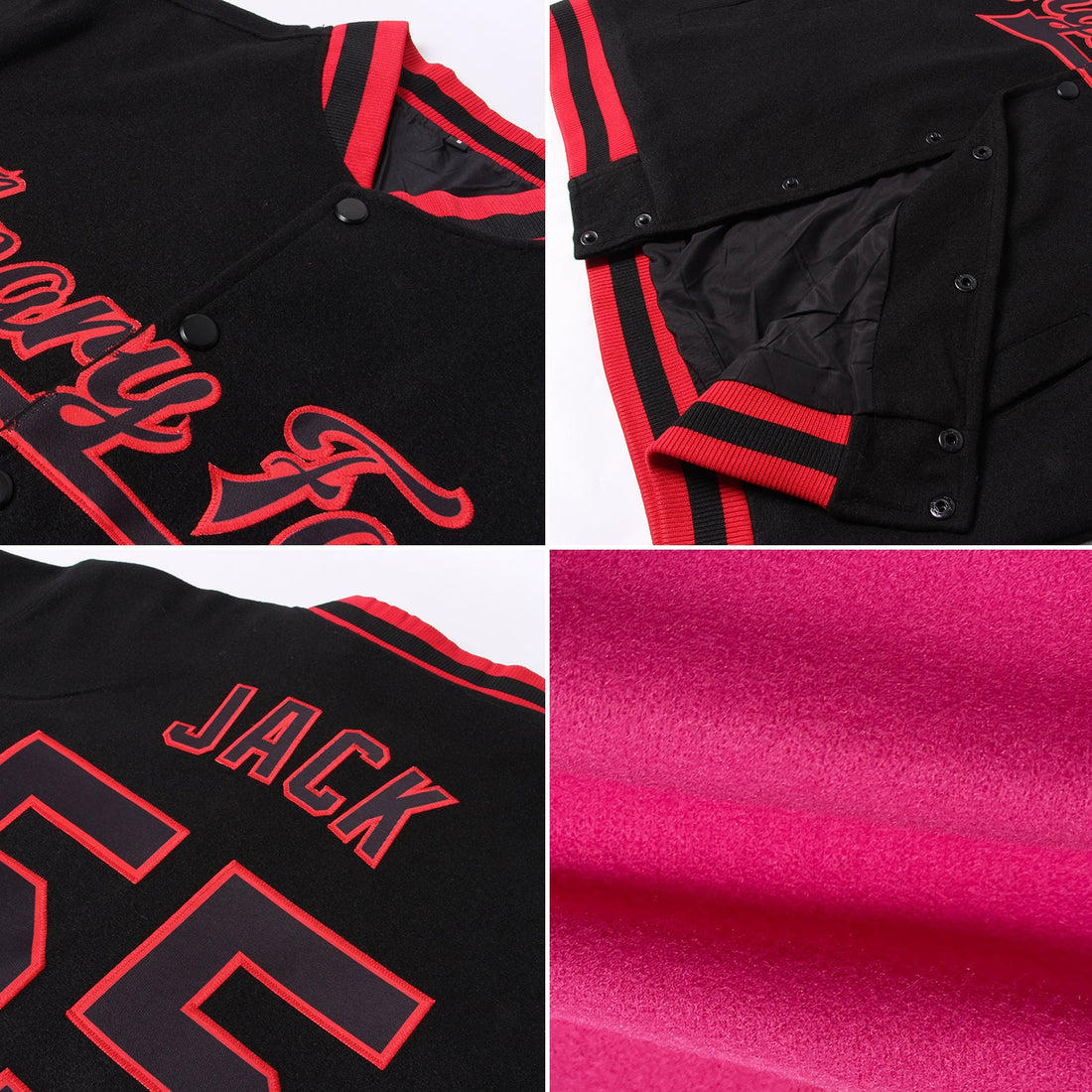 Custom Pink Black-White Bomber Full-Snap Varsity Letterman Jacket