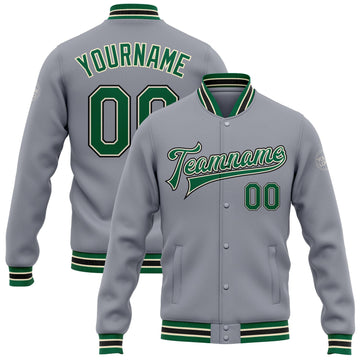 Custom Gray Kelly Green Cream-Black Bomber Full-Snap Varsity Letterman Jacket