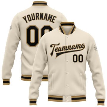 Custom Cream Black Old Gold Bomber Full-Snap Varsity Letterman Jacket