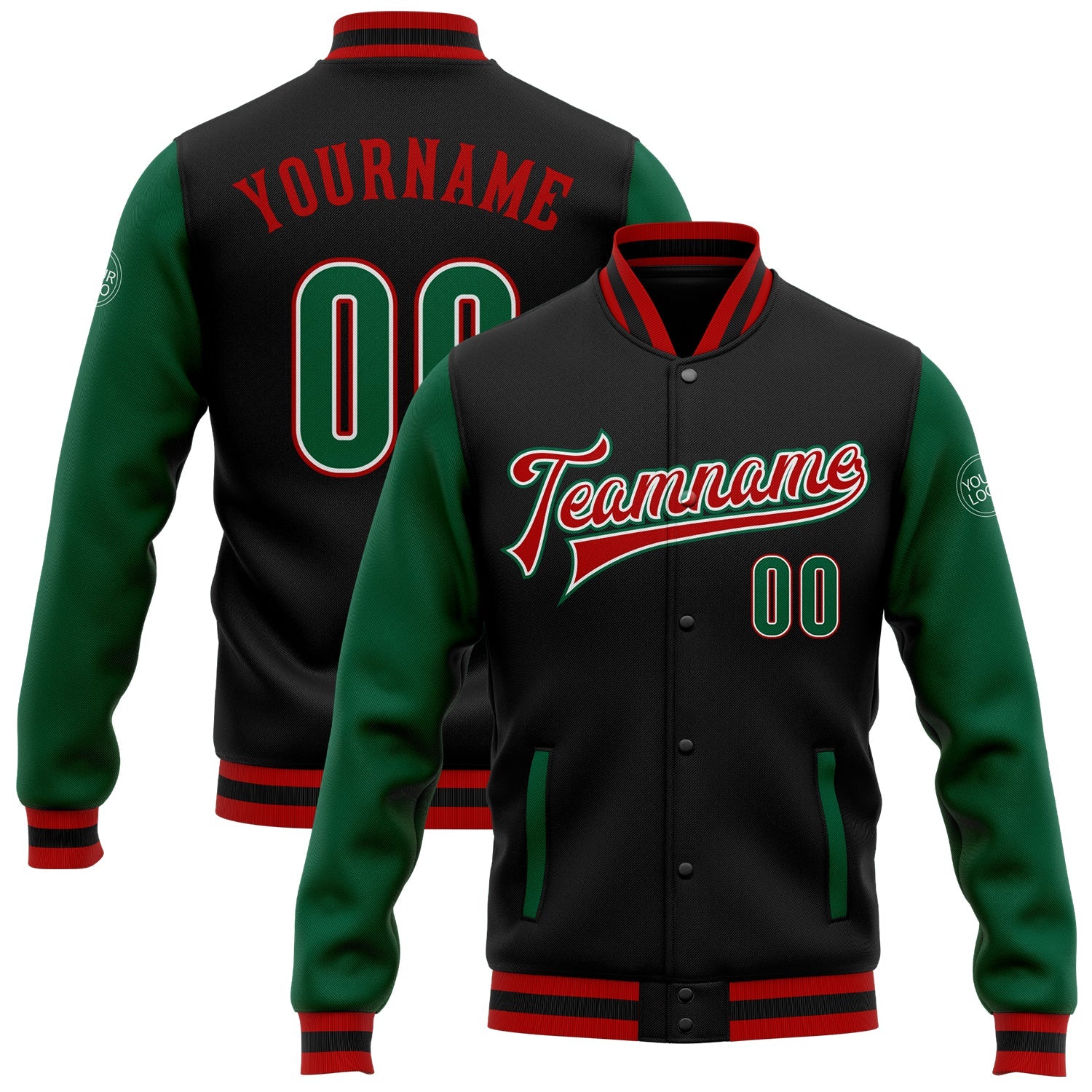 Custom Black Kelly Green-Red Bomber Full-Snap Varsity Letterman Two Tone Jacket